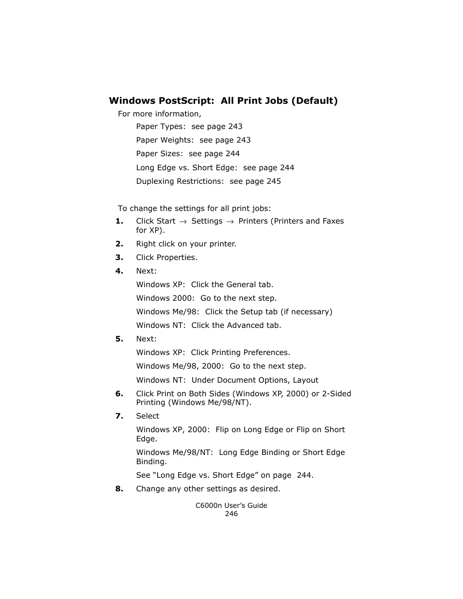 Windows postscript: all print jobs (default) | Oki C 6000n User Manual | Page 246 / 324