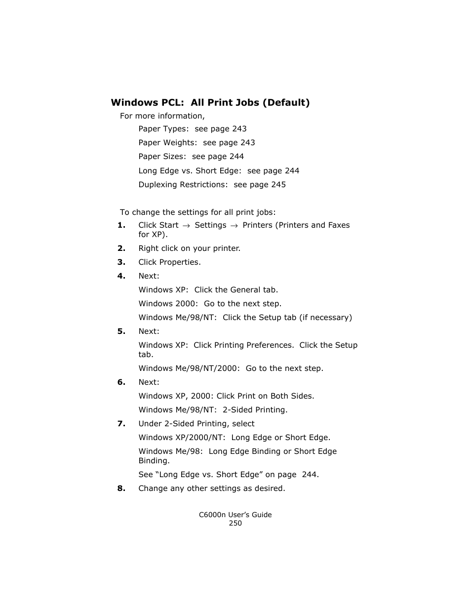 Windows pcl: all print jobs (default) | Oki C 6000n User Manual | Page 250 / 324