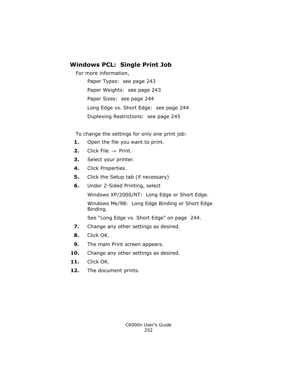 Windows pcl: single print job | Oki C 6000n User Manual | Page 252 / 324