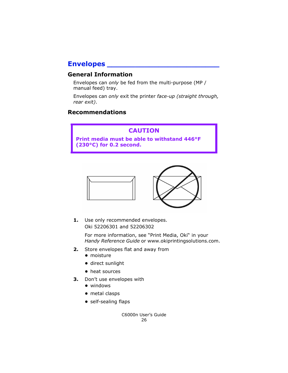 Envelopes, General information, Recommendations | Caution | Oki C 6000n User Manual | Page 26 / 324