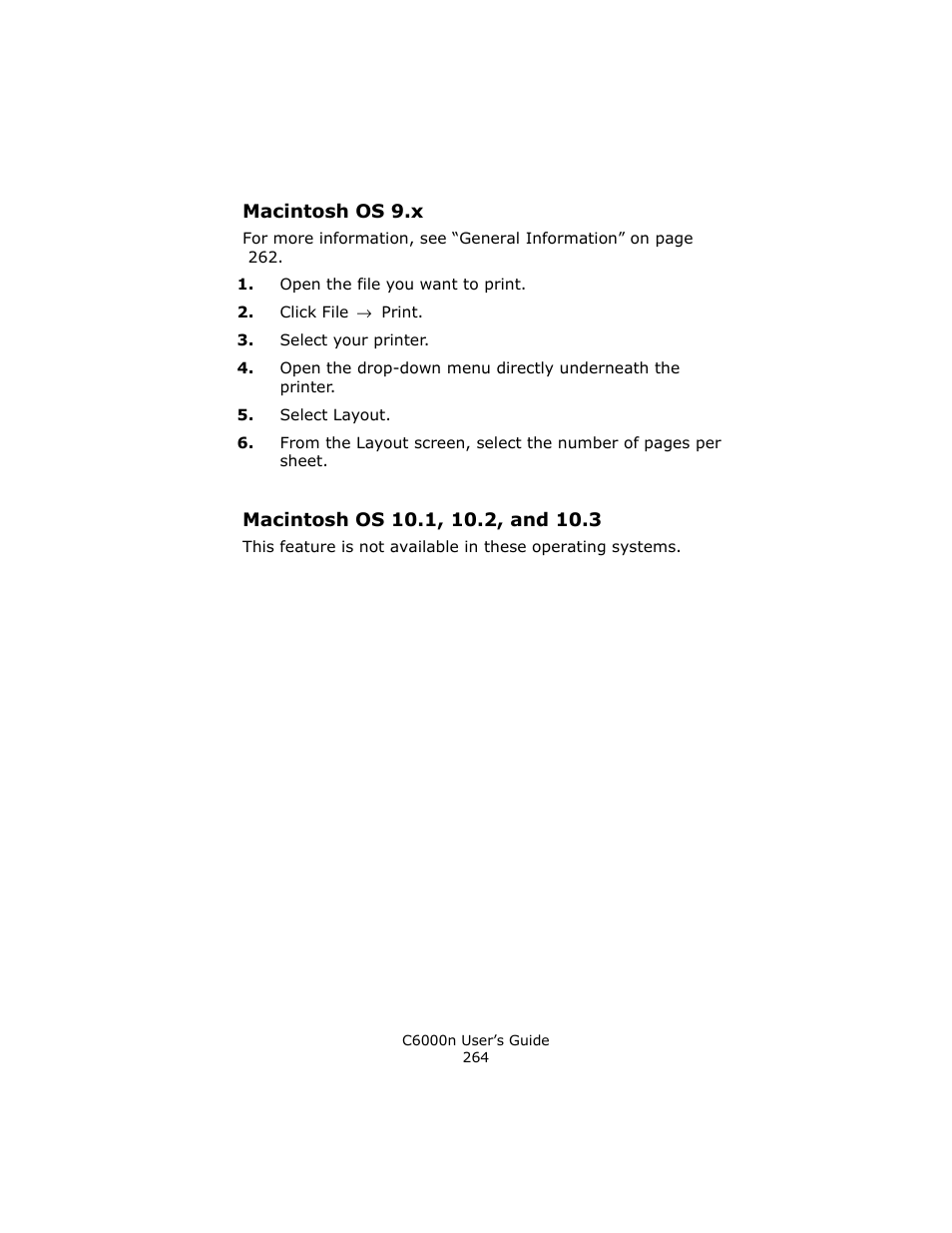 Macintosh os 9.x, Macintosh os 10.1, 10.2, and 10.3 | Oki C 6000n User Manual | Page 264 / 324