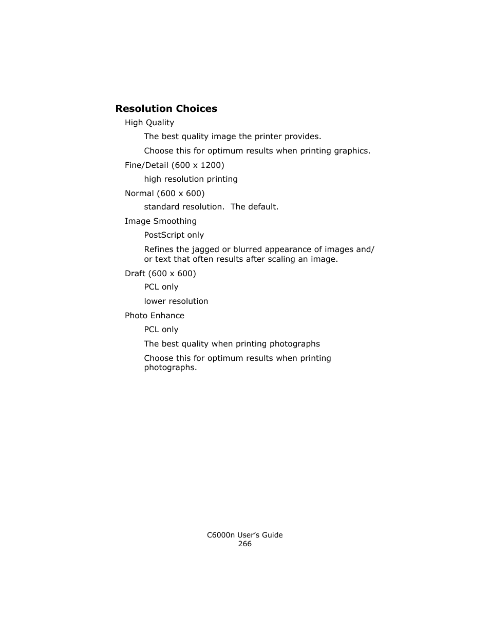 Resolution choices | Oki C 6000n User Manual | Page 266 / 324