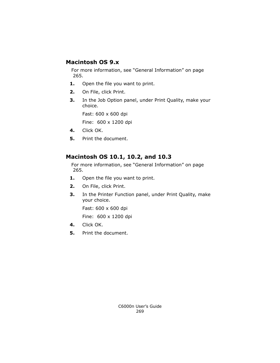 Macintosh os 9.x, Macintosh os 10.1, 10.2, and 10.3 | Oki C 6000n User Manual | Page 269 / 324