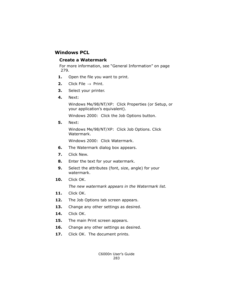 Windows pcl, Create a watermark | Oki C 6000n User Manual | Page 283 / 324