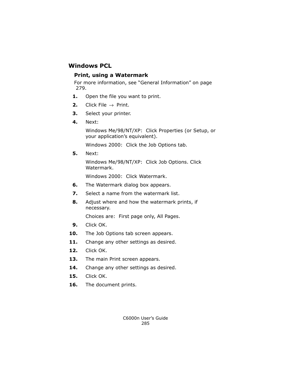 Print, using a watermark | Oki C 6000n User Manual | Page 285 / 324