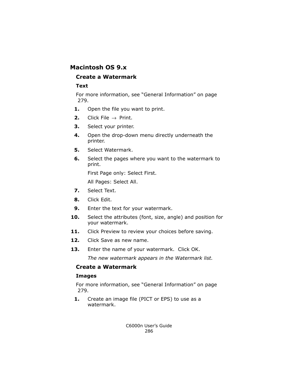 Macintosh os 9.x, Create a watermark, Text | Images | Oki C 6000n User Manual | Page 286 / 324