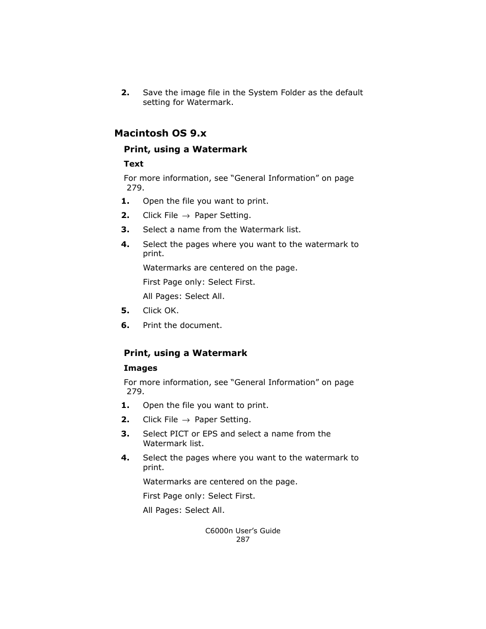 Print, using a watermark, Text, Images | Oki C 6000n User Manual | Page 287 / 324