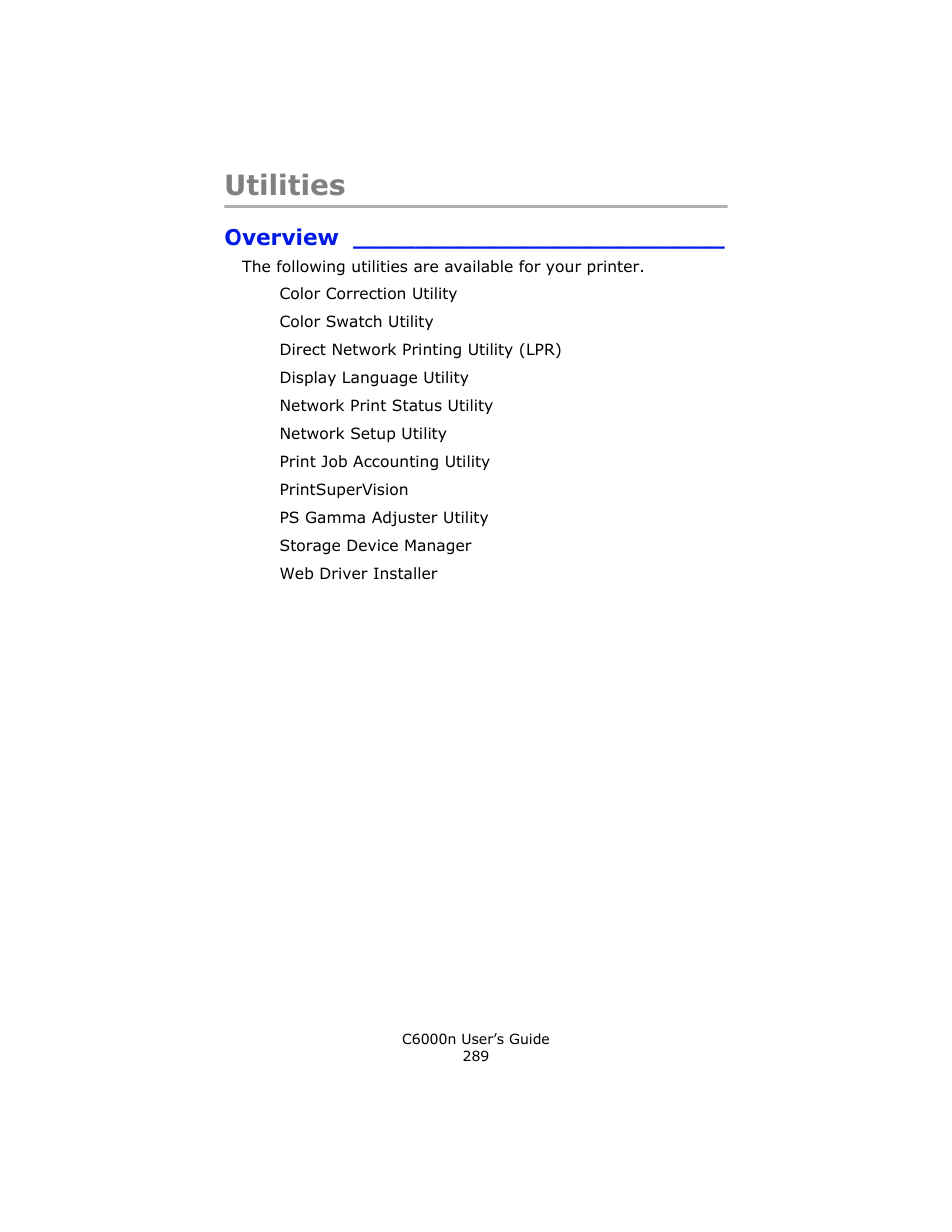 Utilities, Overview | Oki C 6000n User Manual | Page 289 / 324