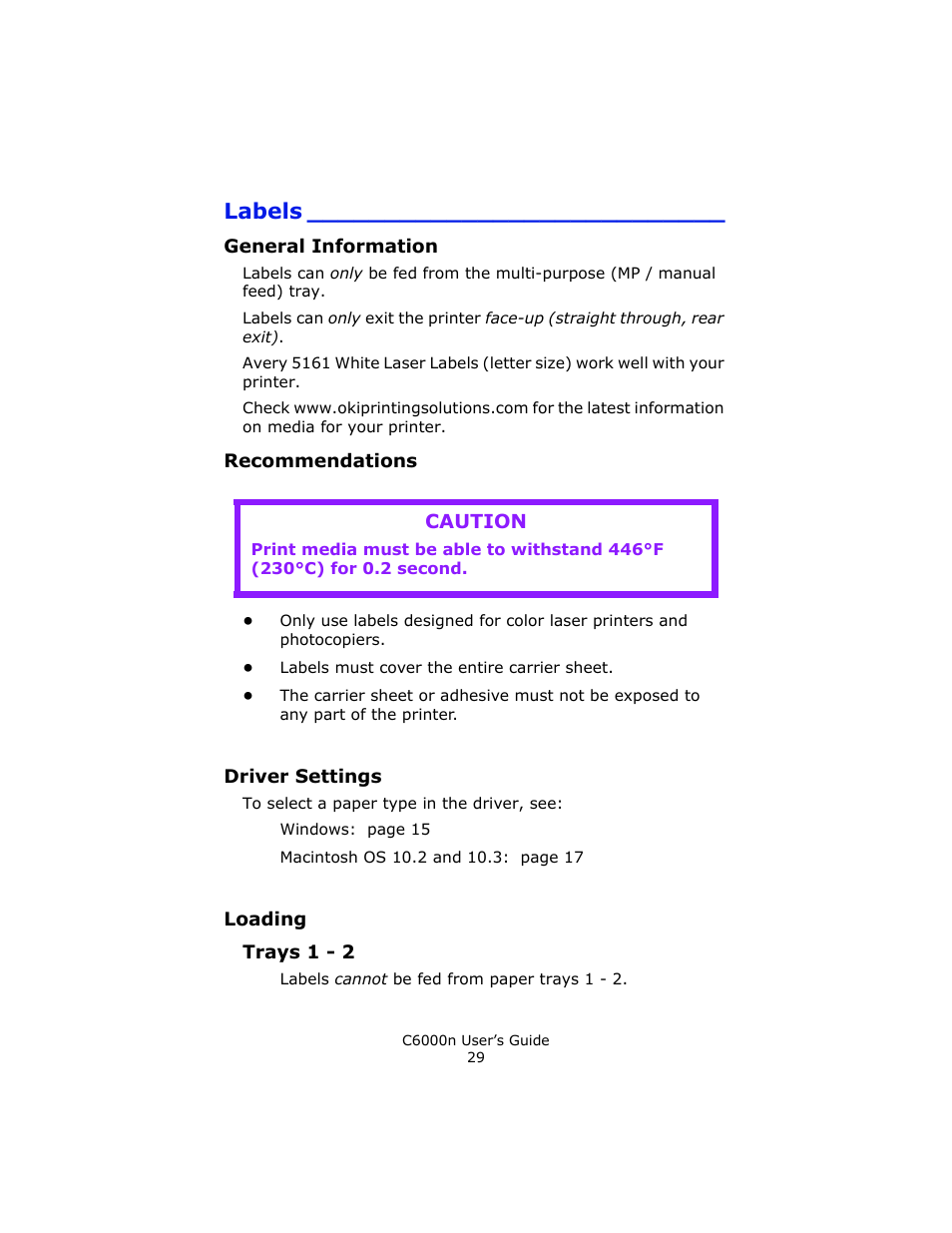 Labels, General information, Recommendations | Driver settings, Loading | Oki C 6000n User Manual | Page 29 / 324