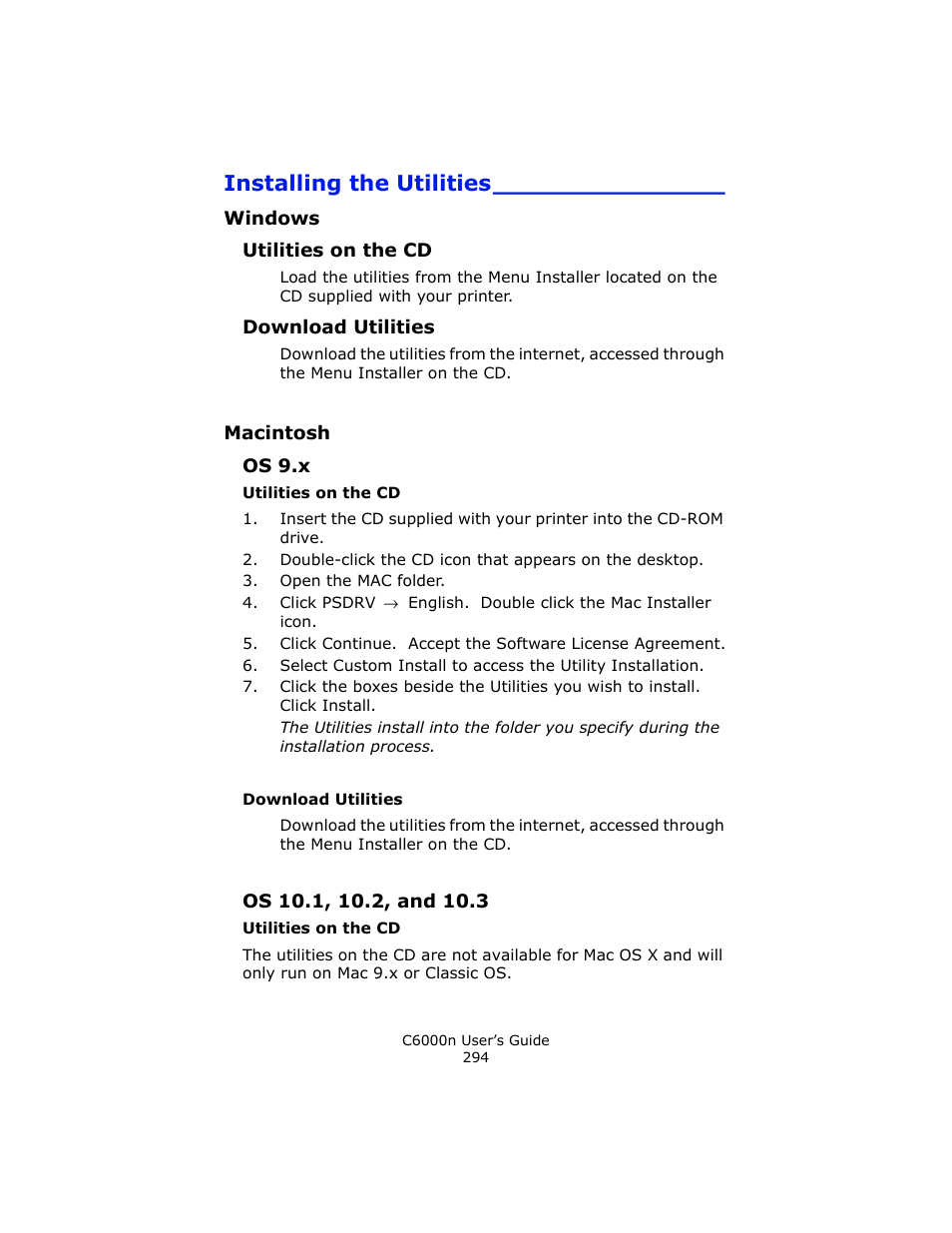 Installing the utilities, Windows, Utilities on the cd | Download utilities, Macintosh, Os 9.x, Os 10.1, 10.2, and 10.3 | Oki C 6000n User Manual | Page 294 / 324