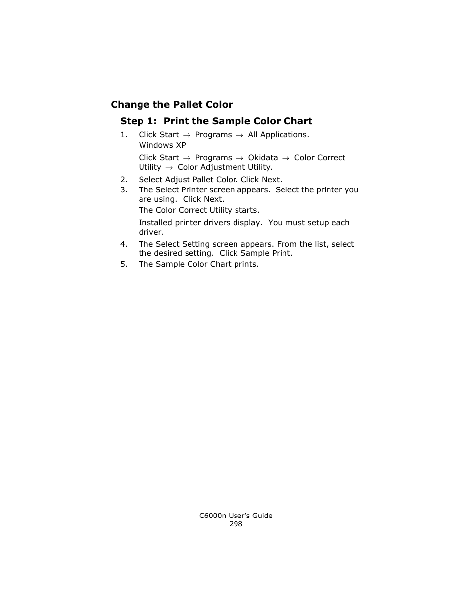 Step 1: print the sample color chart | Oki C 6000n User Manual | Page 298 / 324