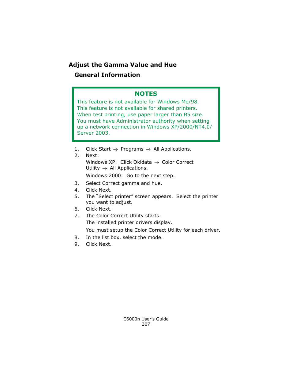 Adjust the gamma value and hue, General information | Oki C 6000n User Manual | Page 307 / 324