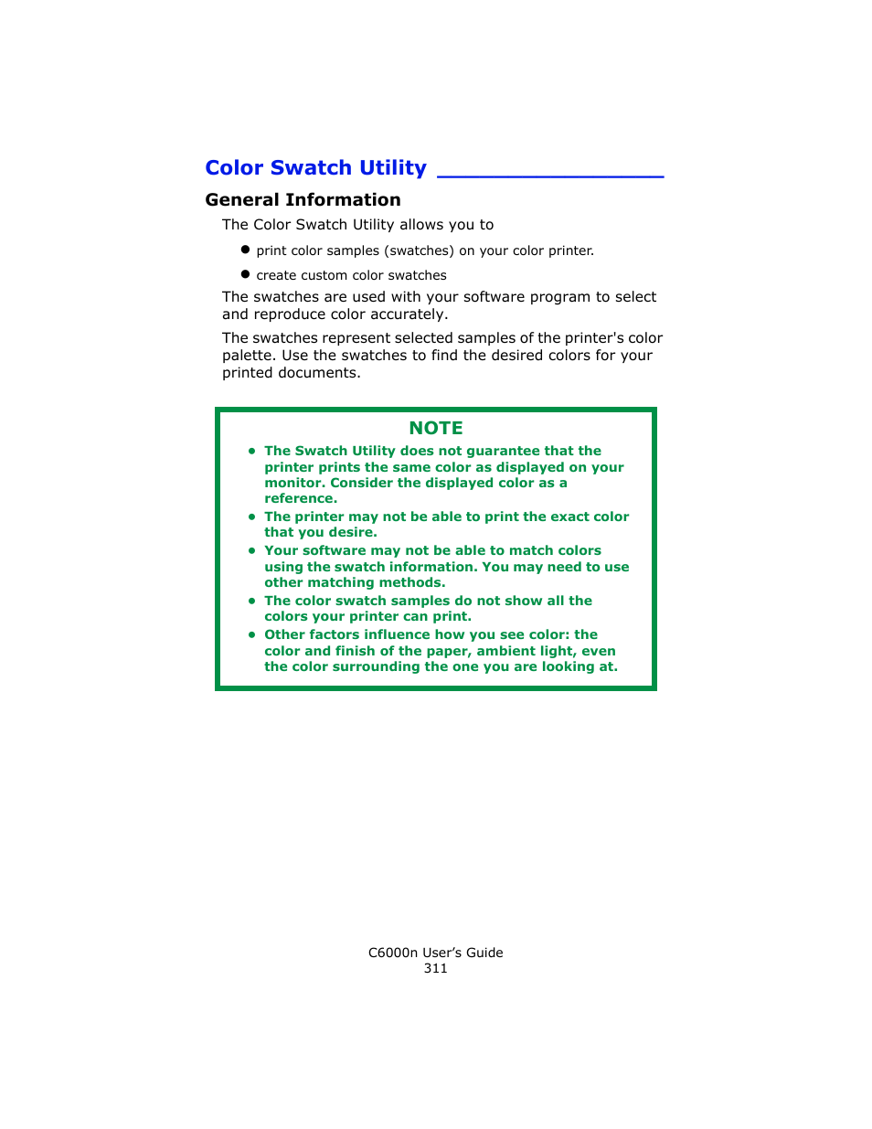 Color swatch utility, General information | Oki C 6000n User Manual | Page 311 / 324