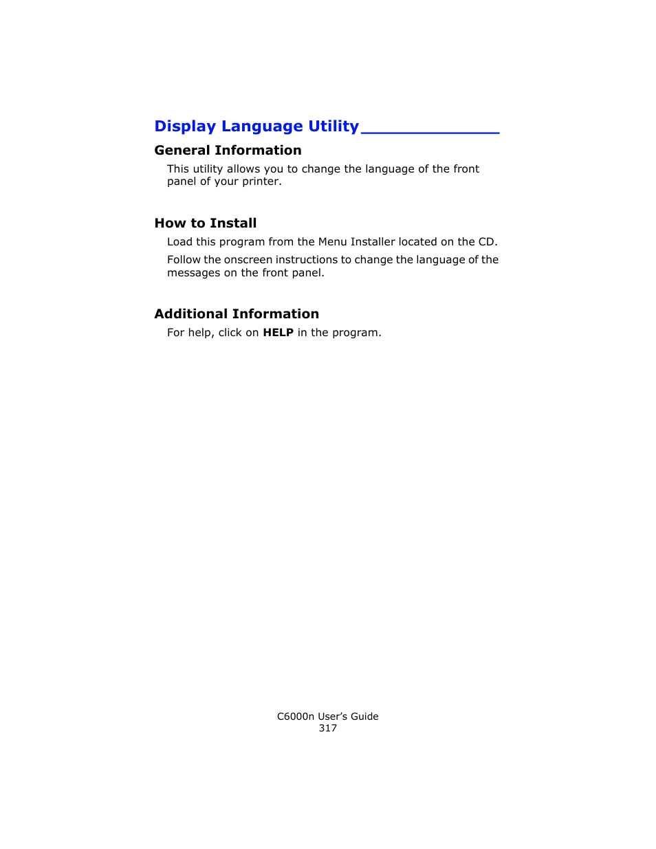 Display language utility, General information, How to install | Additional information | Oki C 6000n User Manual | Page 317 / 324