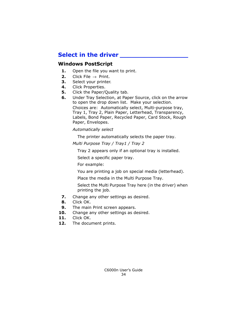 Select in the driver, Windows postscript | Oki C 6000n User Manual | Page 34 / 324