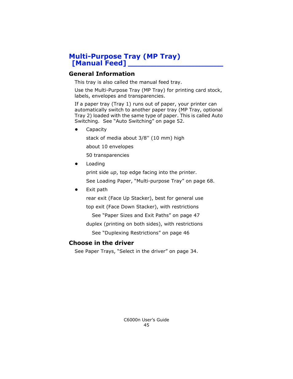 Multi-purpose tray (mp tray) [manual feed, General information, Choose in the driver | Multi-purpose tray (mp tray), Manual feed | Oki C 6000n User Manual | Page 45 / 324