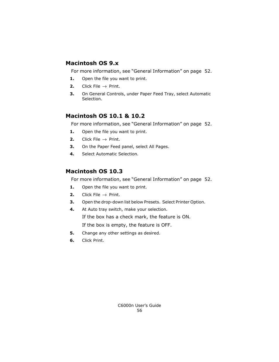 Macintosh os 9.x, Macintosh os 10.1 & 10.2, Macintosh os 10.3 | Oki C 6000n User Manual | Page 56 / 324