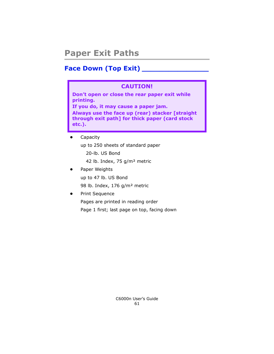 Paper exit paths, Face down (top exit) | Oki C 6000n User Manual | Page 61 / 324