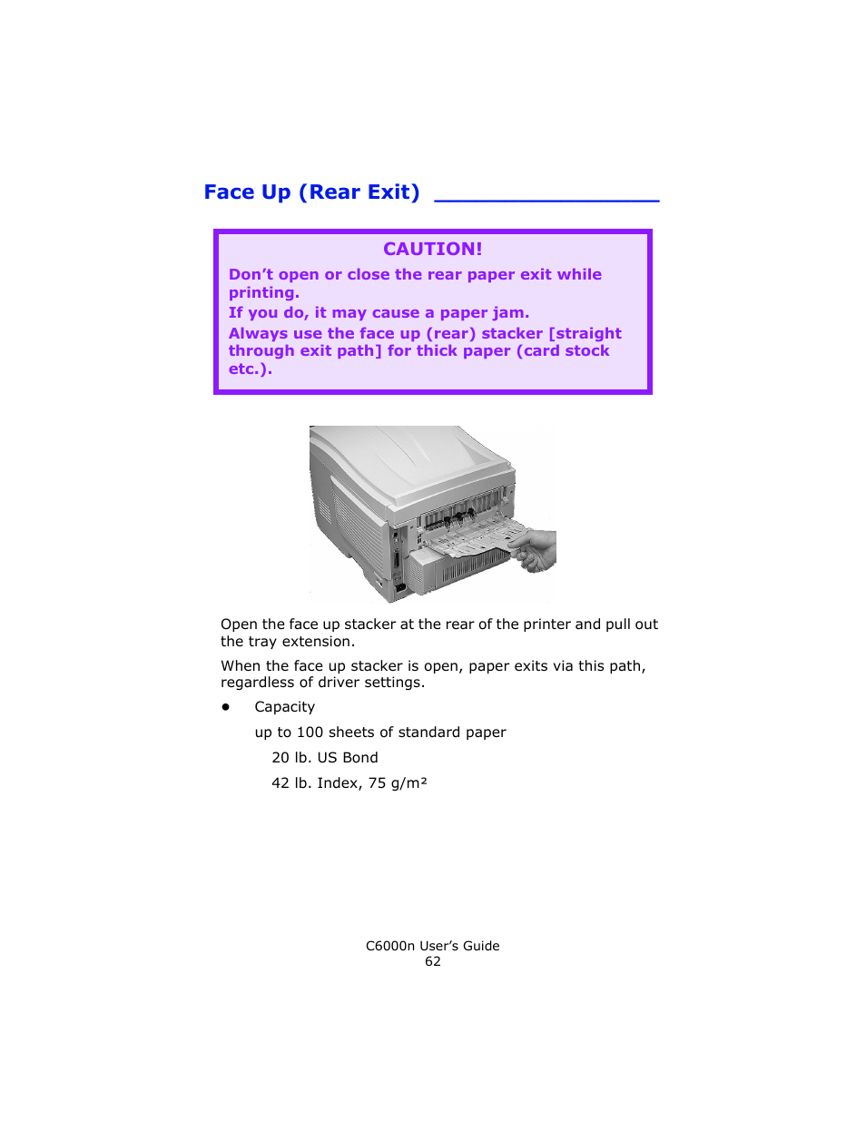 Face up (rear exit), Caution | Oki C 6000n User Manual | Page 62 / 324