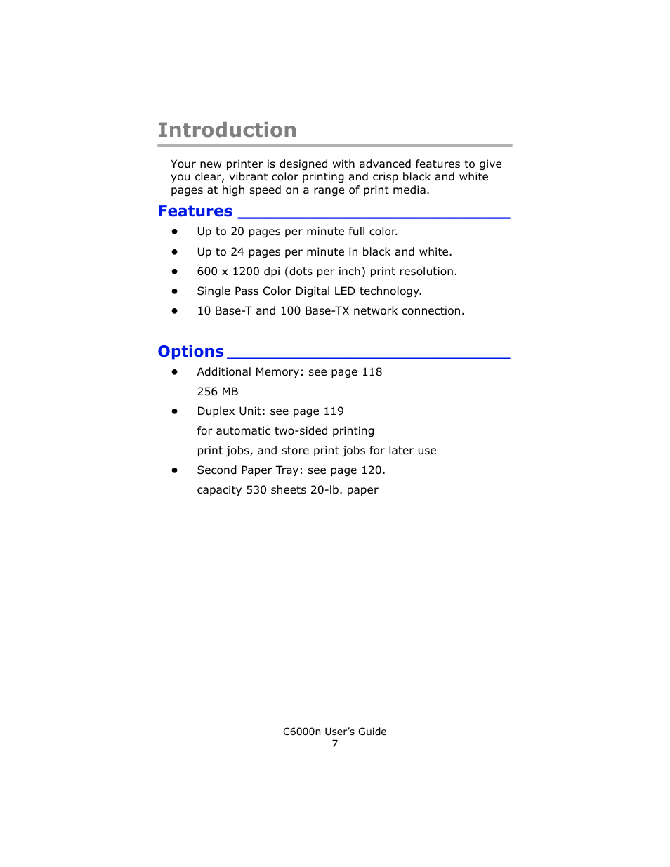 Introduction, Features, Options | Oki C 6000n User Manual | Page 7 / 324