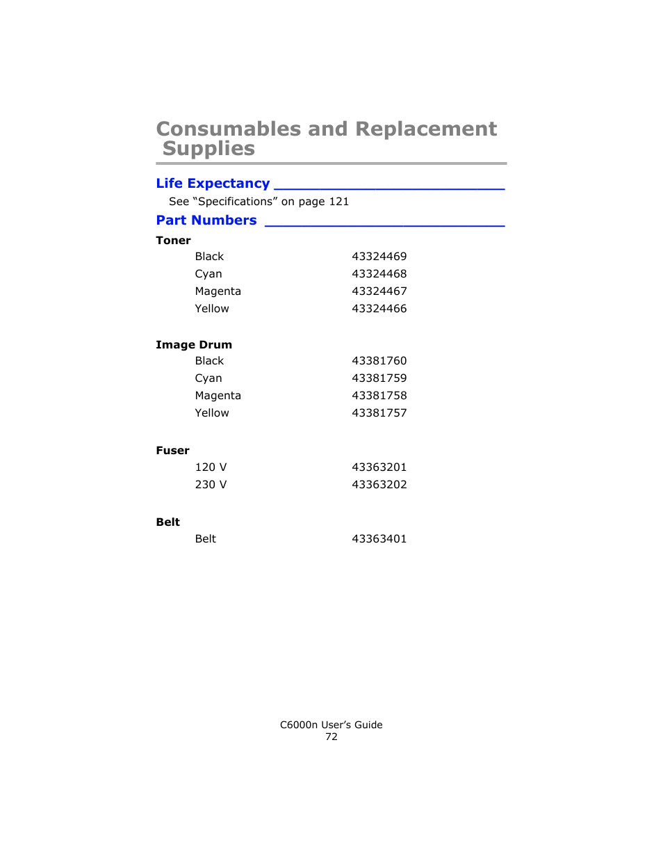 Consumables and replacement supplies, Life expectancy, Part numbers | Toner, Image drum, Fuser, Belt | Oki C 6000n User Manual | Page 72 / 324