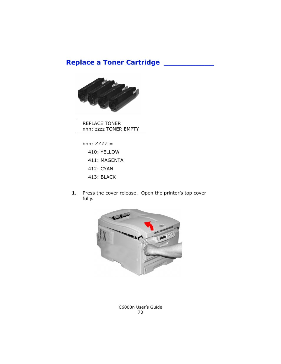 Replace a toner cartridge | Oki C 6000n User Manual | Page 73 / 324