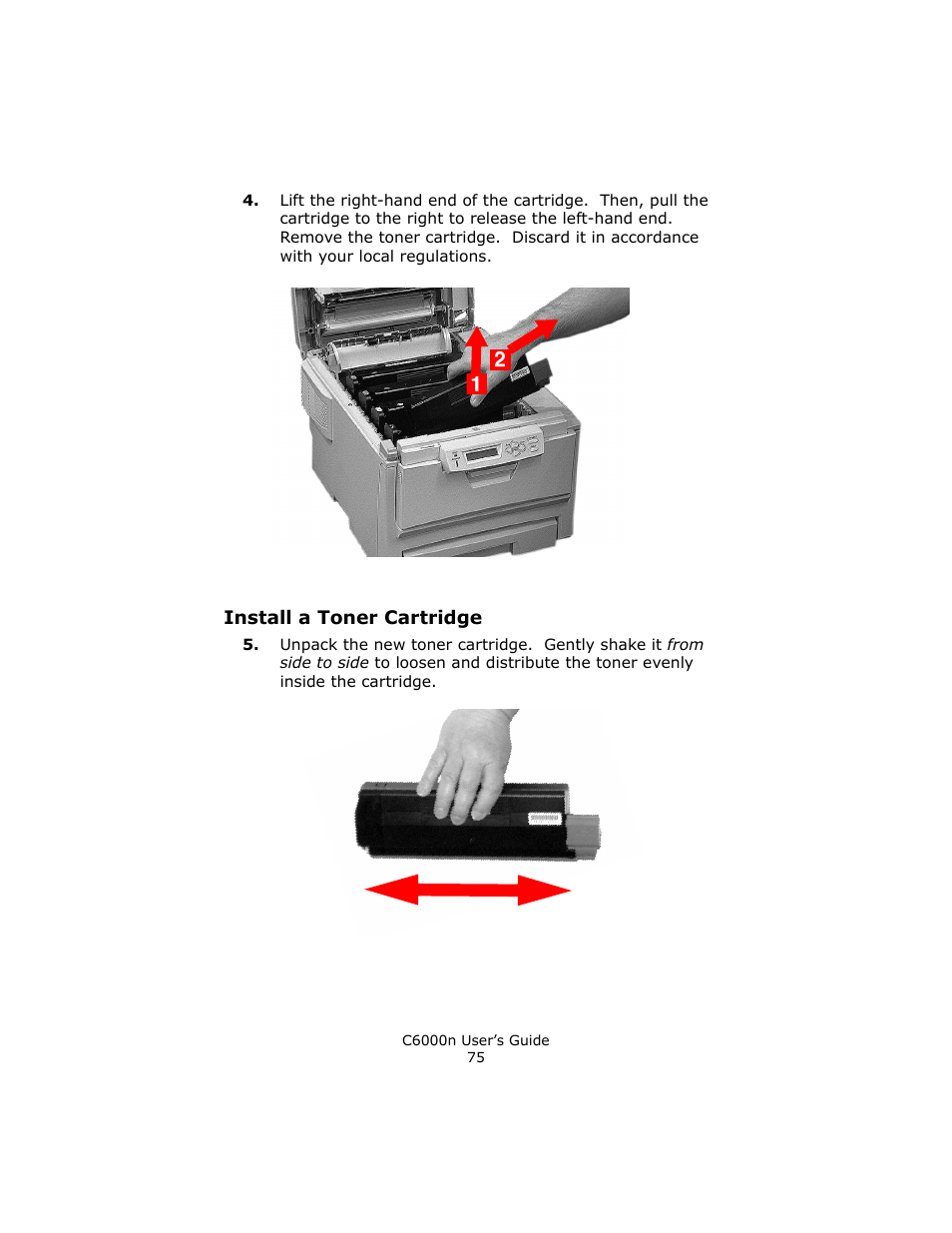 Install a toner cartridge | Oki C 6000n User Manual | Page 75 / 324