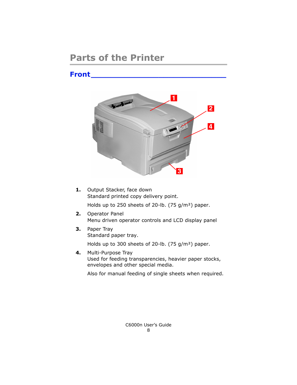 Parts of the printer, Front | Oki C 6000n User Manual | Page 8 / 324