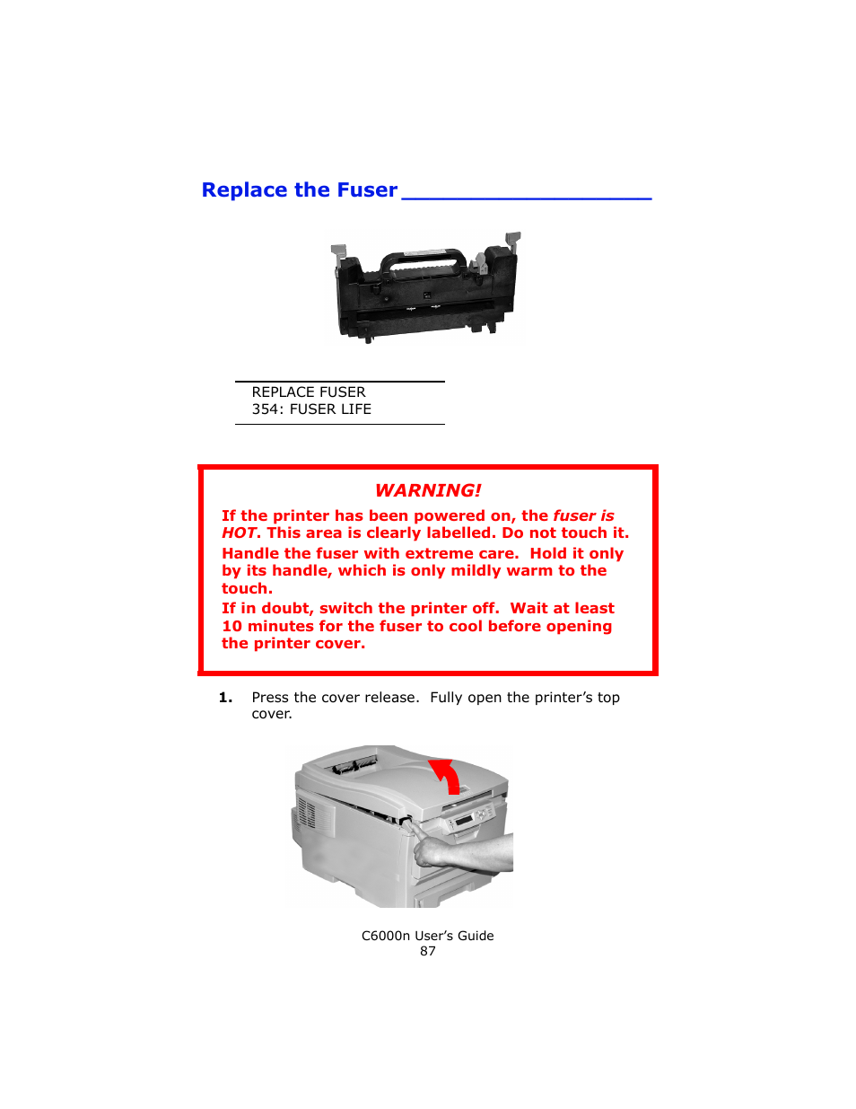 Replace the fuser, Warning | Oki C 6000n User Manual | Page 87 / 324