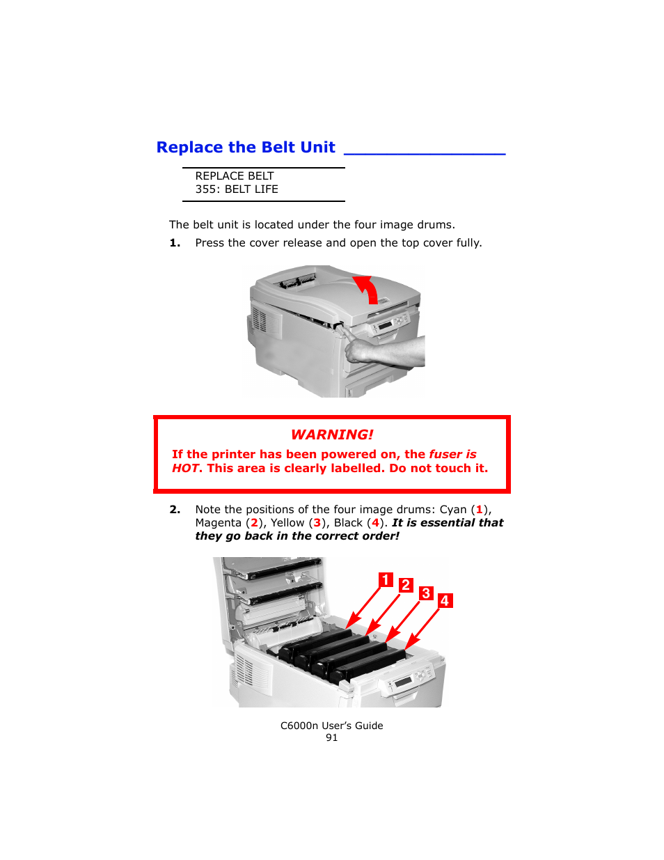 Replace the belt unit, Warning | Oki C 6000n User Manual | Page 91 / 324