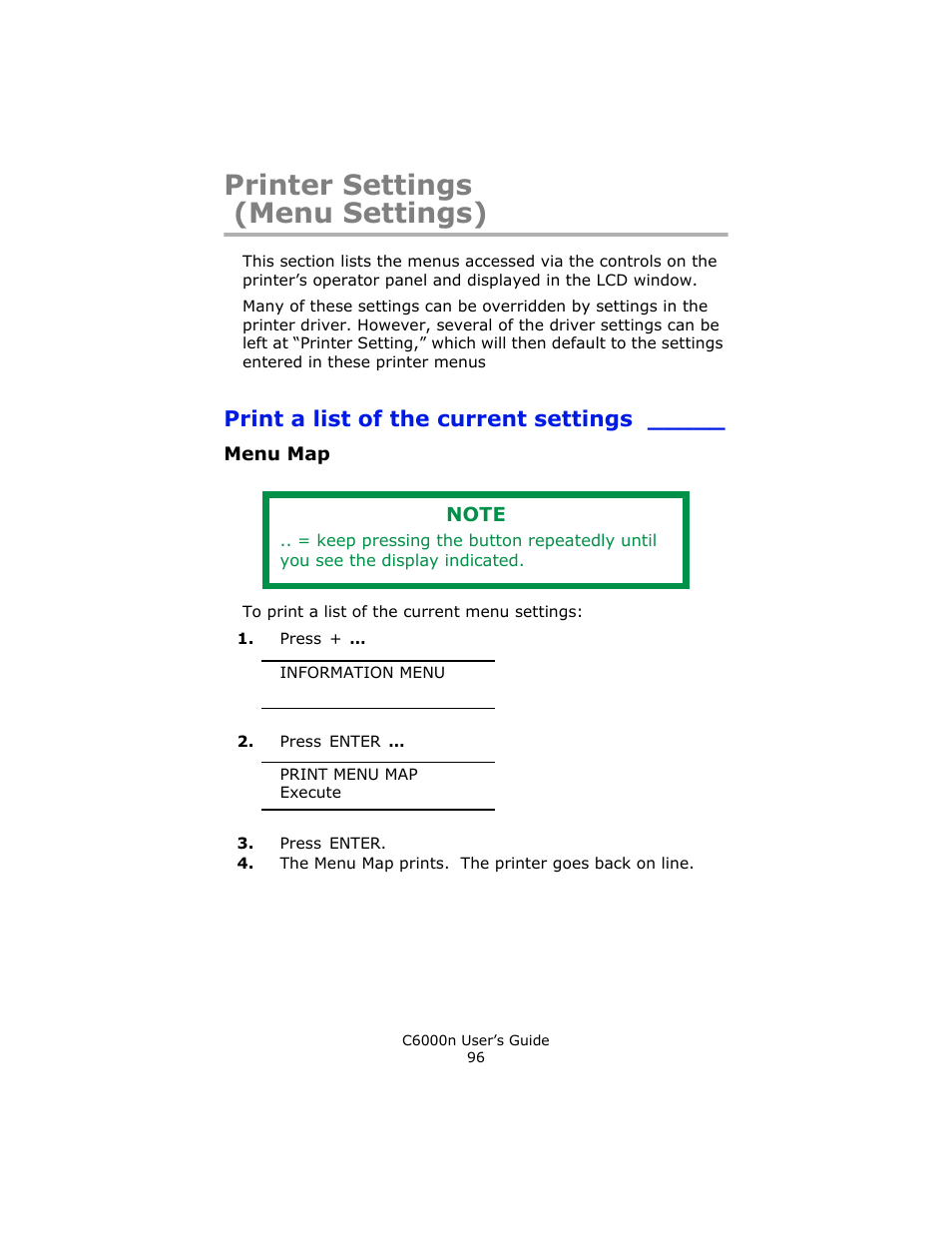 Printer settings (menu settings), Print a list of the current settings, Menu map | Printer settings, Menu settings) | Oki C 6000n User Manual | Page 96 / 324
