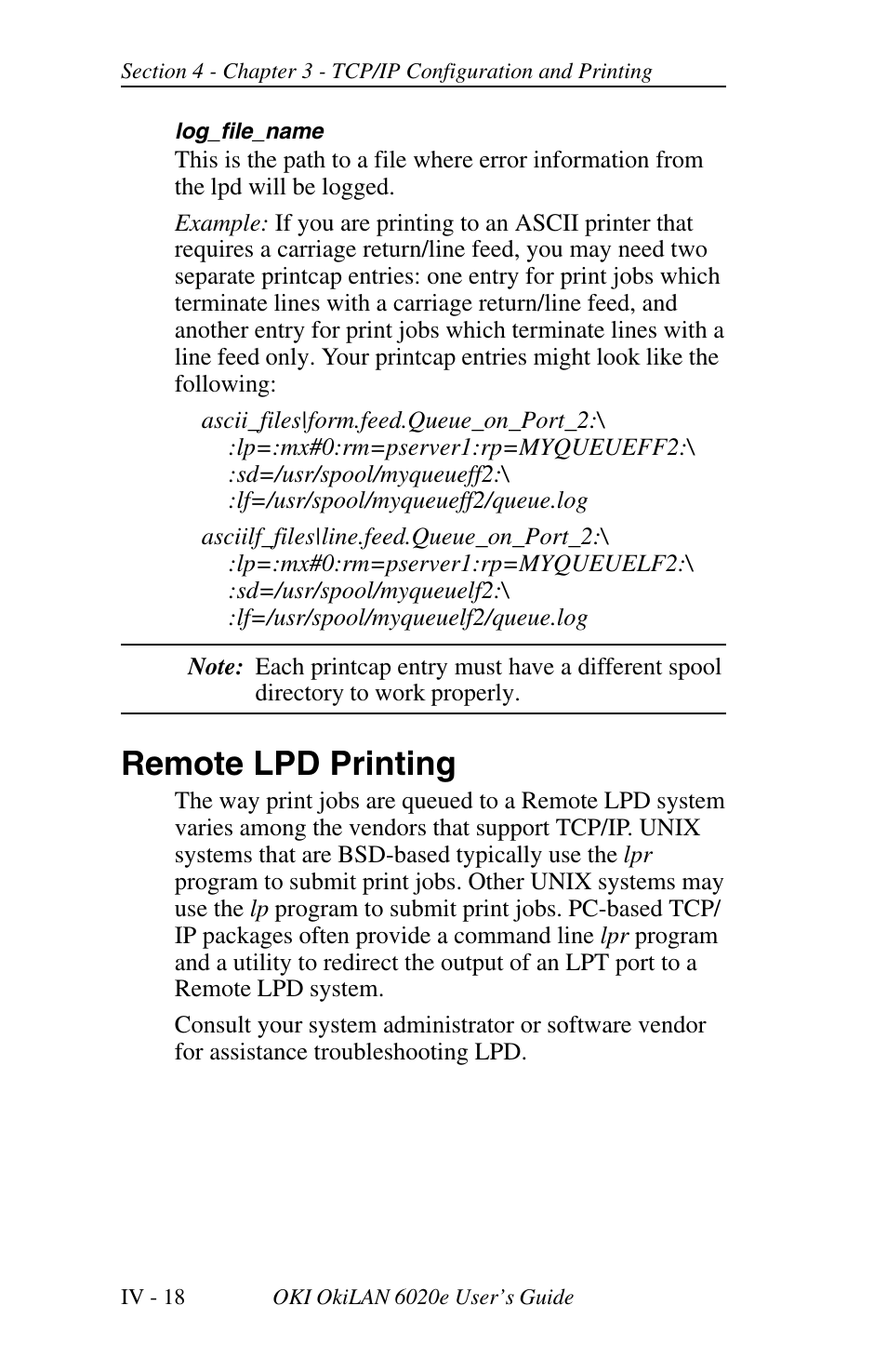 Configuring a bsd-style print queue, Remote lpd printing | Oki lan 6020E User Manual | Page 100 / 226