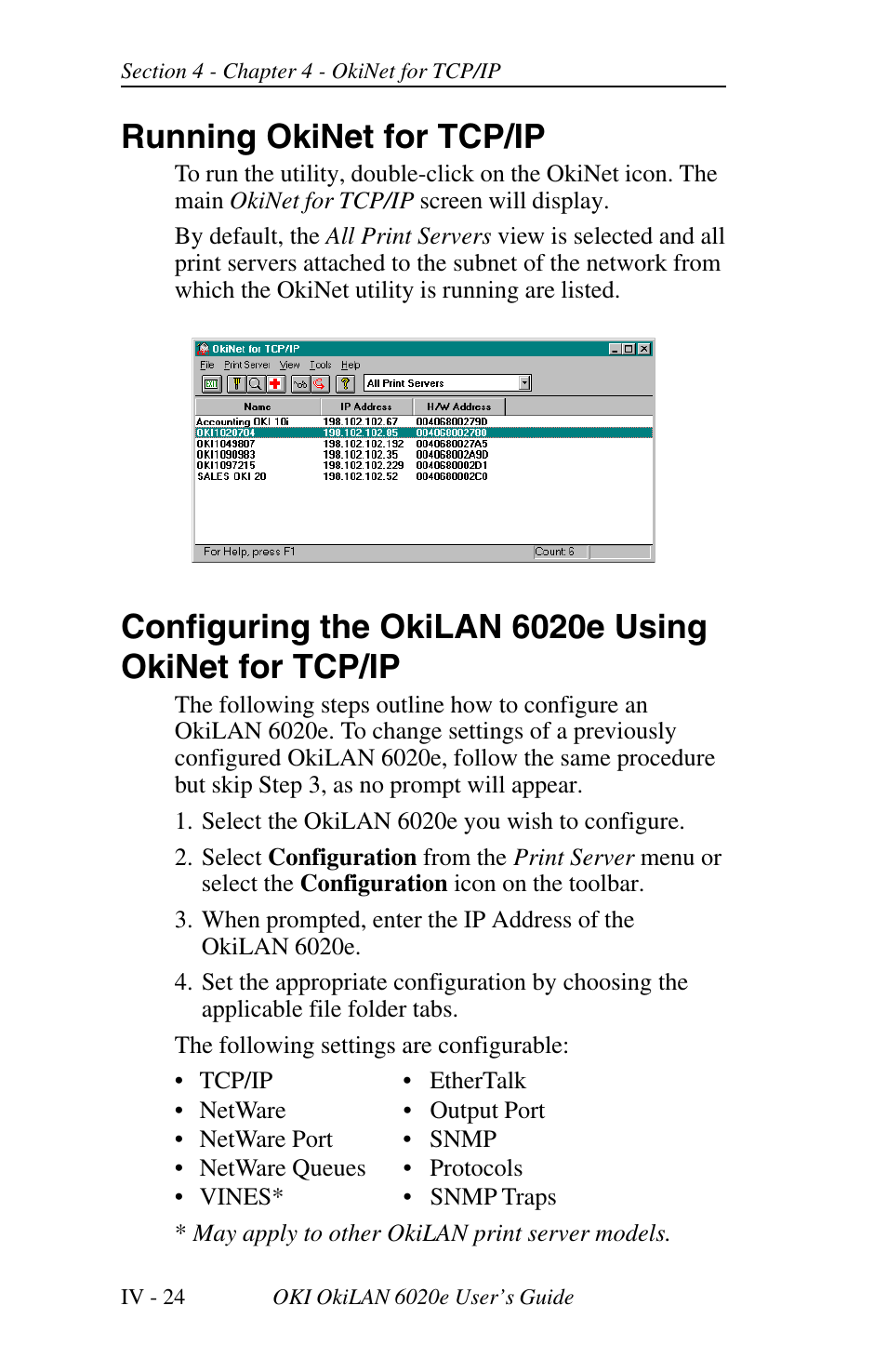 Chapter 4 okinet for tcp/ip, Overview, System requirements | Assigning the okilan 6020e ip address, Running okinet for tcp/ip | Oki lan 6020E User Manual | Page 106 / 226
