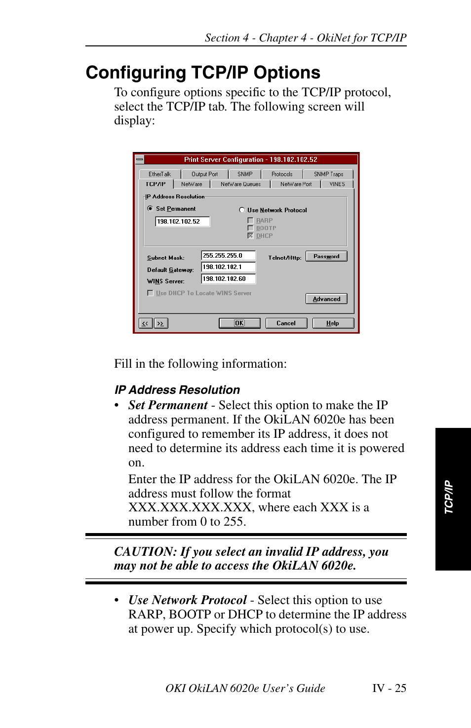 Running okinet for tcp/ip, Configuring the okilan 6020e ip, Configuring tcp/ip options | Oki lan 6020E User Manual | Page 107 / 226