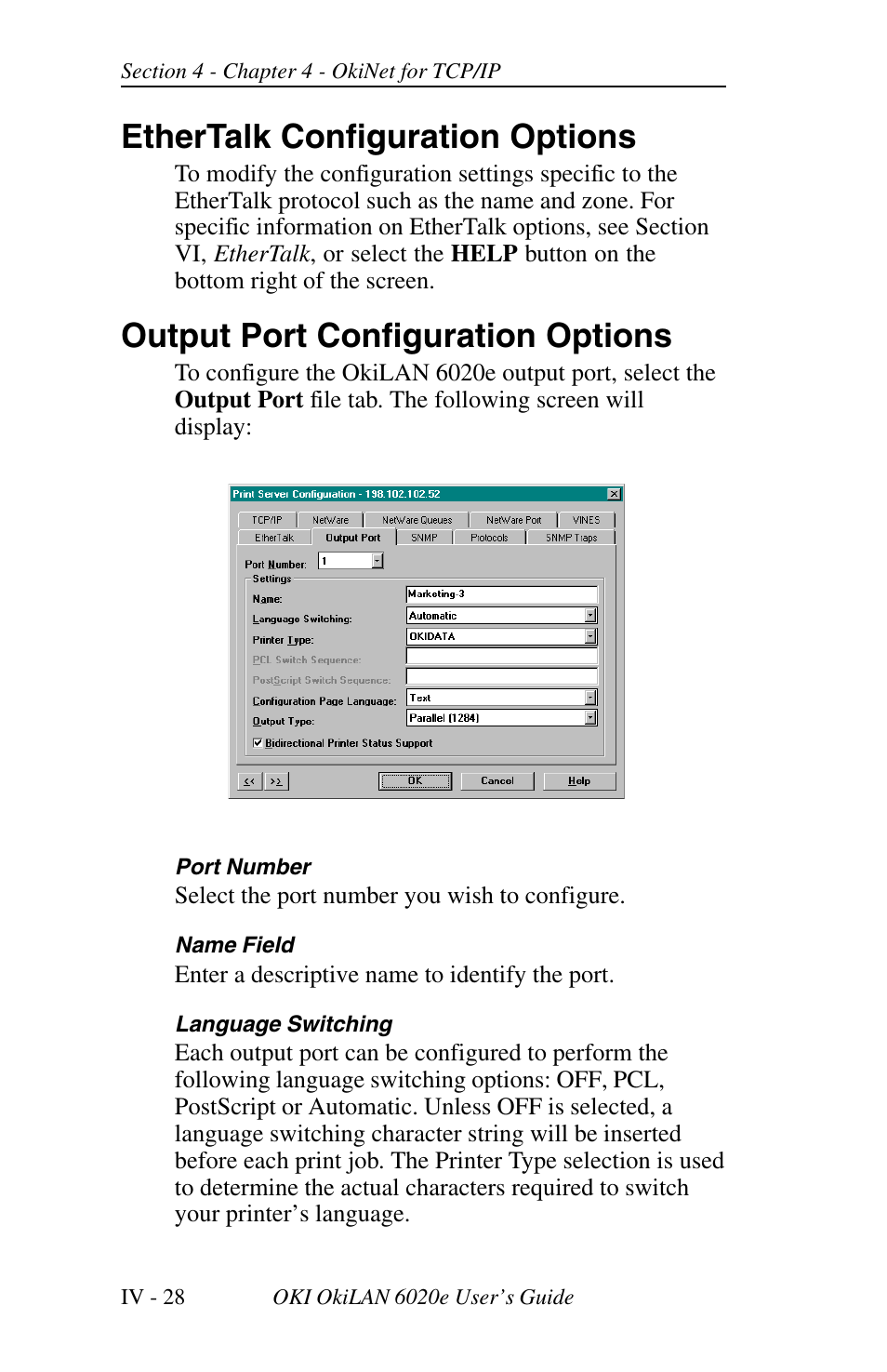 Ethertalk configuration options, Output port configuration options | Oki lan 6020E User Manual | Page 110 / 226