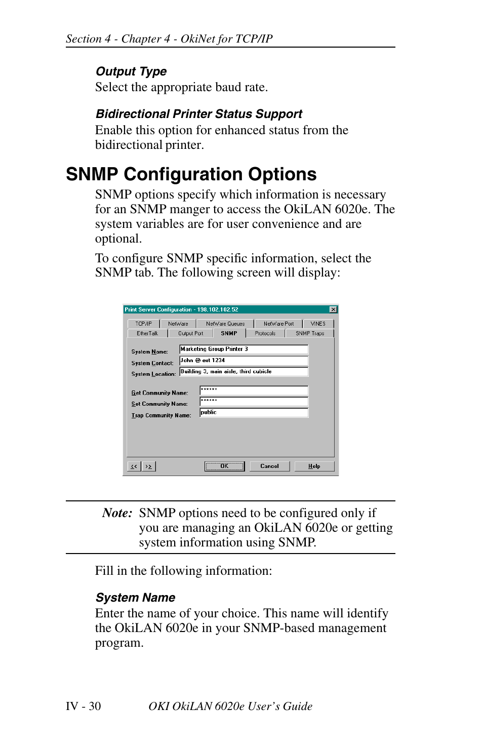 Snmp configuration options | Oki lan 6020E User Manual | Page 112 / 226