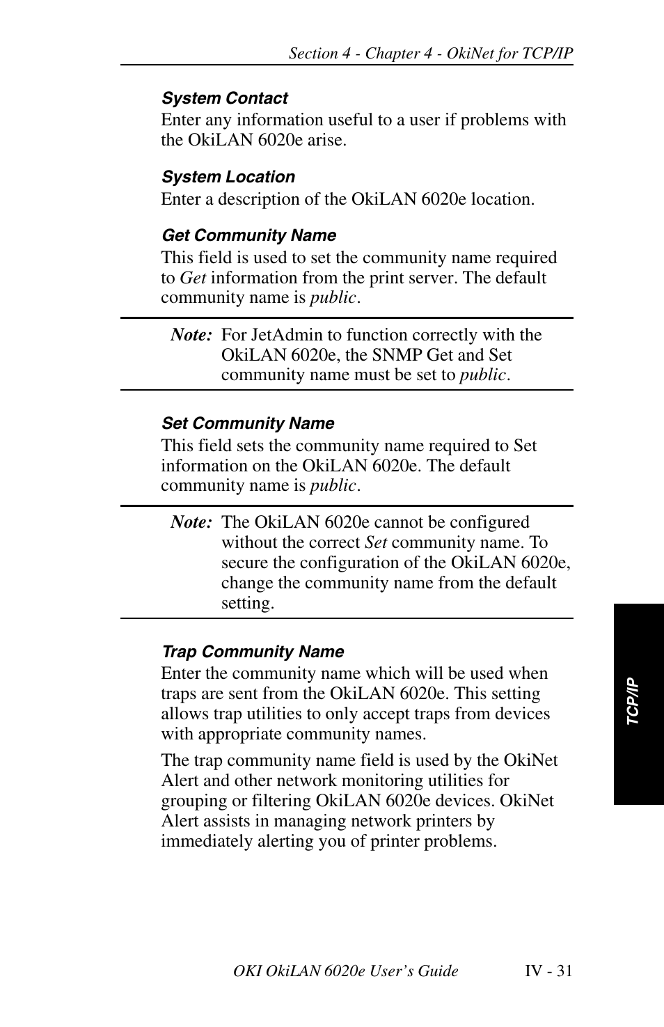 Snmp configuration options | Oki lan 6020E User Manual | Page 113 / 226