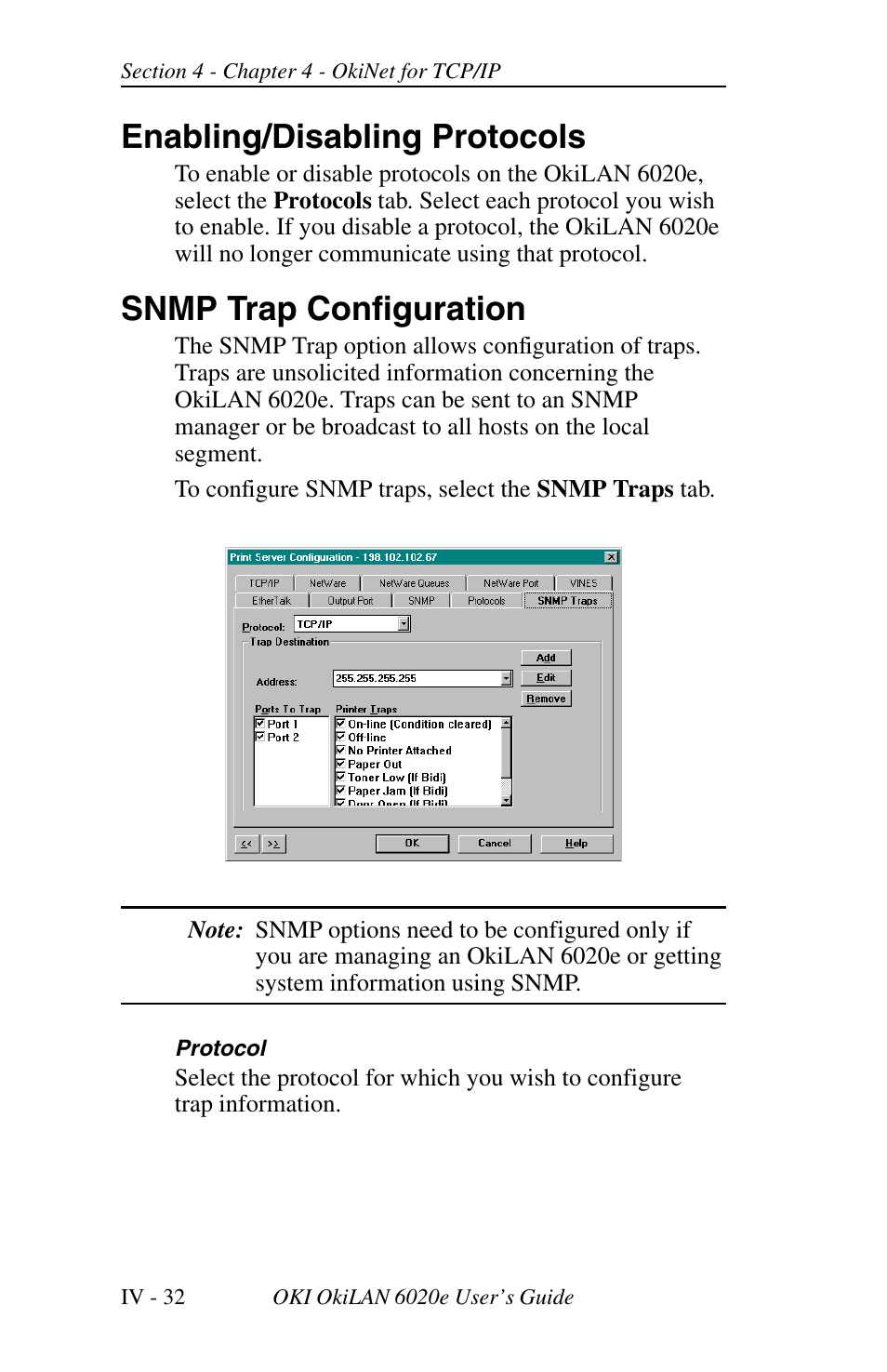 Enabling/disabling protocols, Snmp trap configuration | Oki lan 6020E User Manual | Page 114 / 226