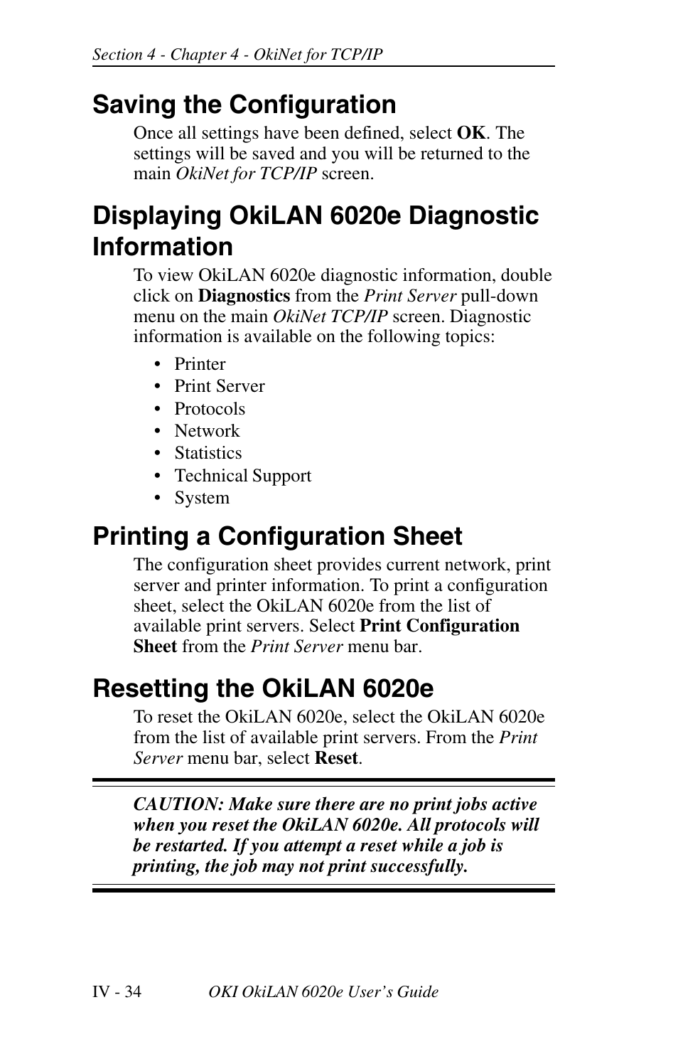 Saving the configuration, Displaying okilan 6020e diagnostic information, Printing a configuration sheet | Resetting the okilan 6020e | Oki lan 6020E User Manual | Page 116 / 226