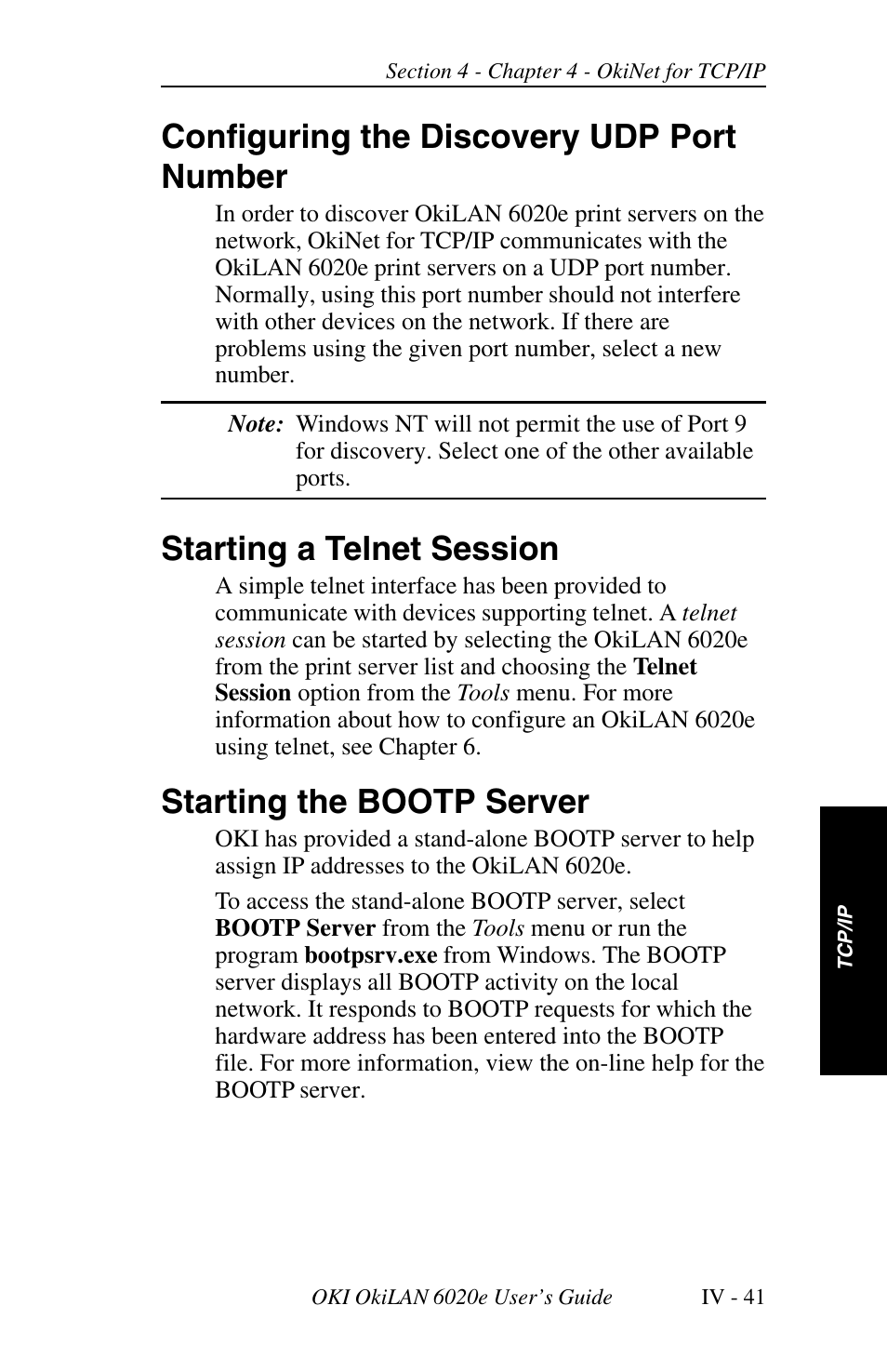 Configuring the discovery udp port number, Starting a telnet session, Starting the bootp server | Oki lan 6020E User Manual | Page 123 / 226