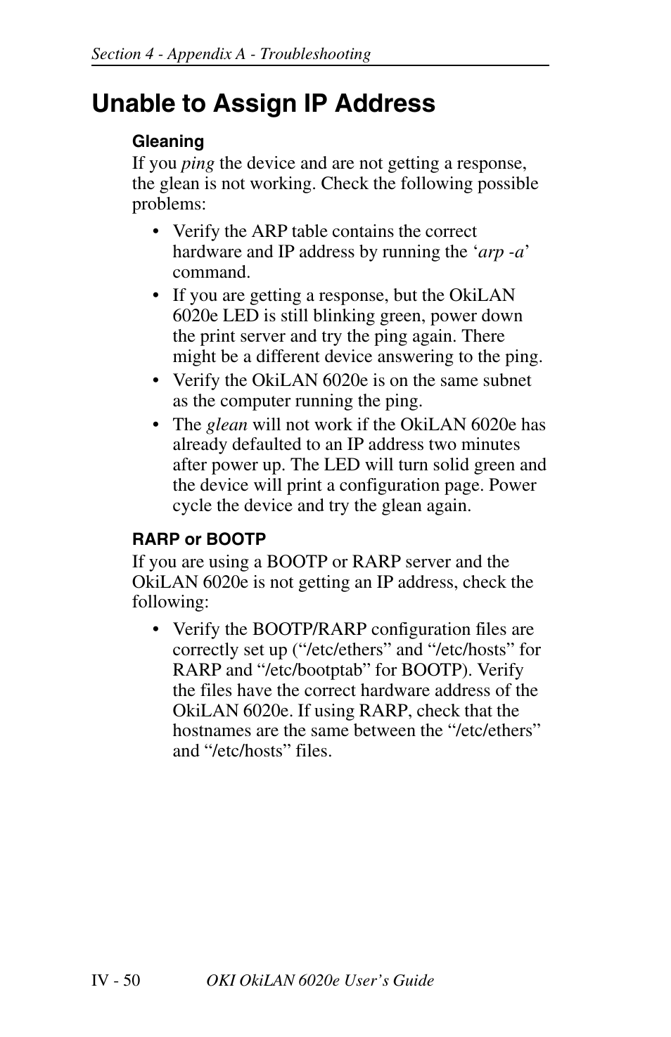 Appendix a troubleshooting, Main status indicator, Restoring the okilan 6020e to factory defaults | Unable to assign ip address | Oki lan 6020E User Manual | Page 132 / 226