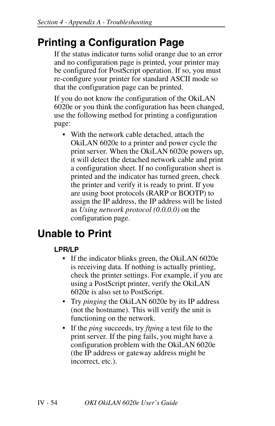 Hardware error messages, Printing a configuration page, Unable to print | Oki lan 6020E User Manual | Page 136 / 226