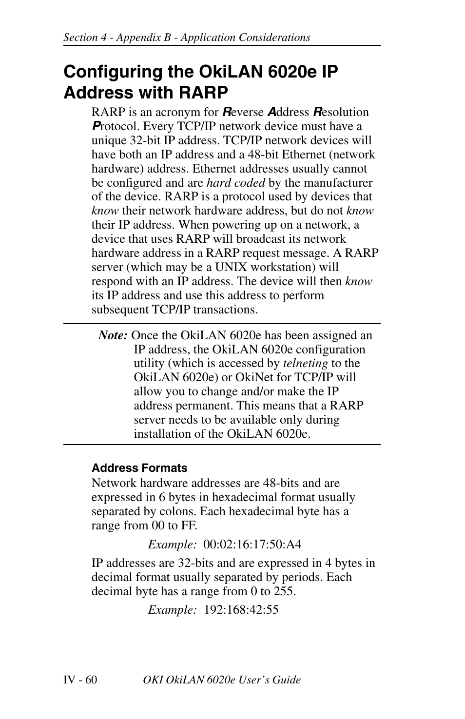 Configuring the okilan 6020e ip address with rarp | Oki lan 6020E User Manual | Page 142 / 226