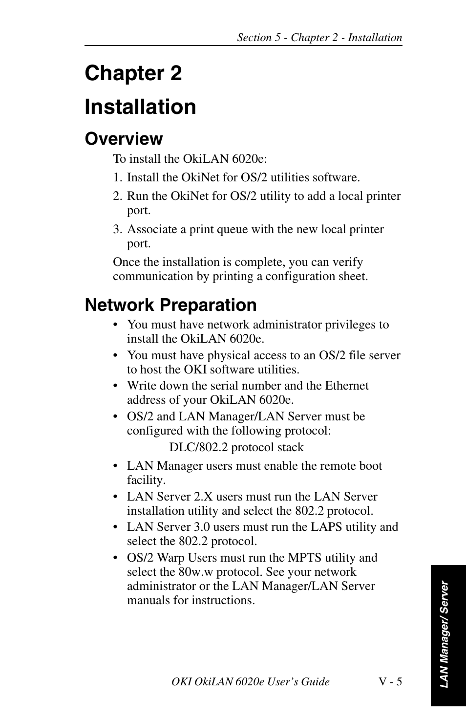 Chapter 2 installation, Overview, Network preparation | Oki lan 6020E User Manual | Page 169 / 226