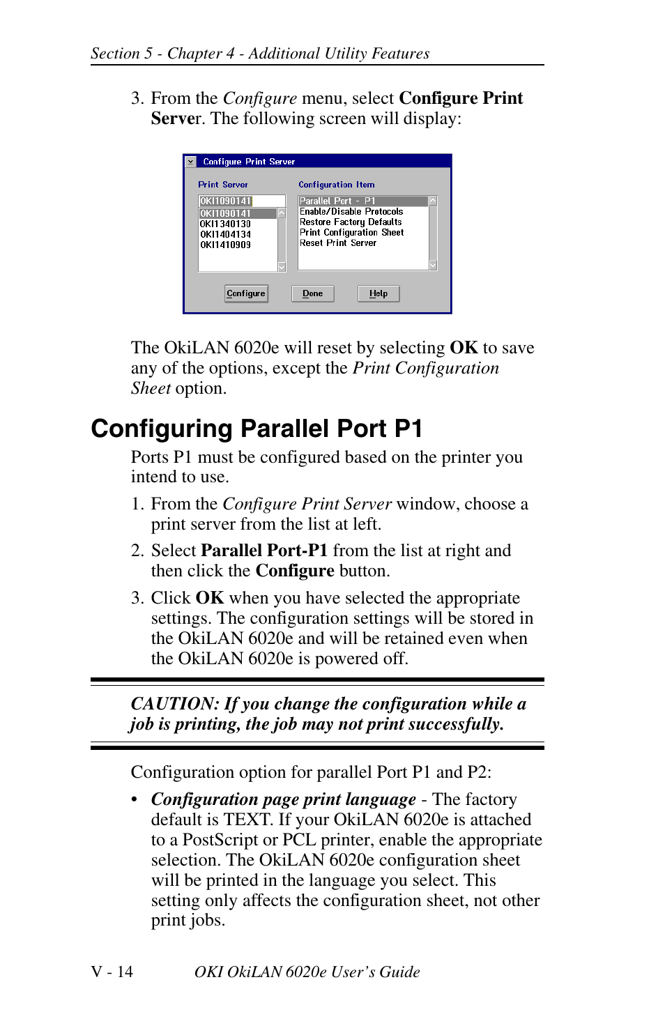Configuring parallel port p1 | Oki lan 6020E User Manual | Page 178 / 226