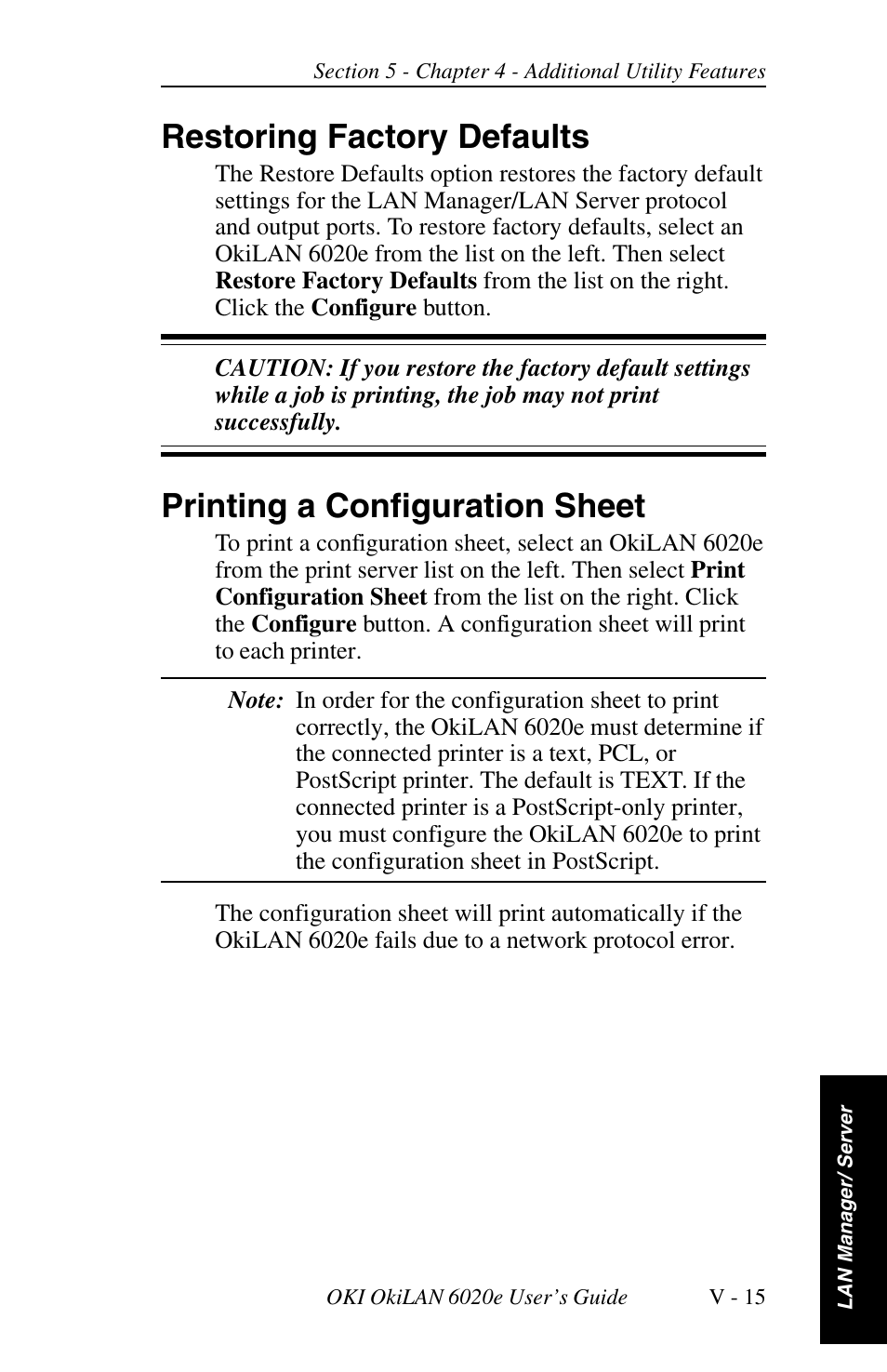 Restoring factory defaults, Printing a configuration sheet | Oki lan 6020E User Manual | Page 179 / 226