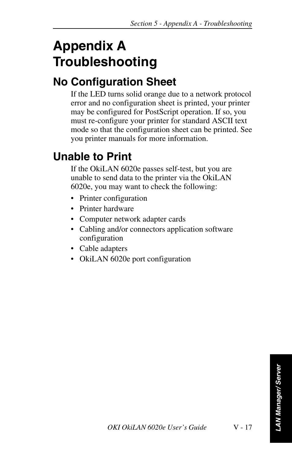 Appendix a troubleshooting, No configuration sheet, Unable to print | Oki lan 6020E User Manual | Page 181 / 226