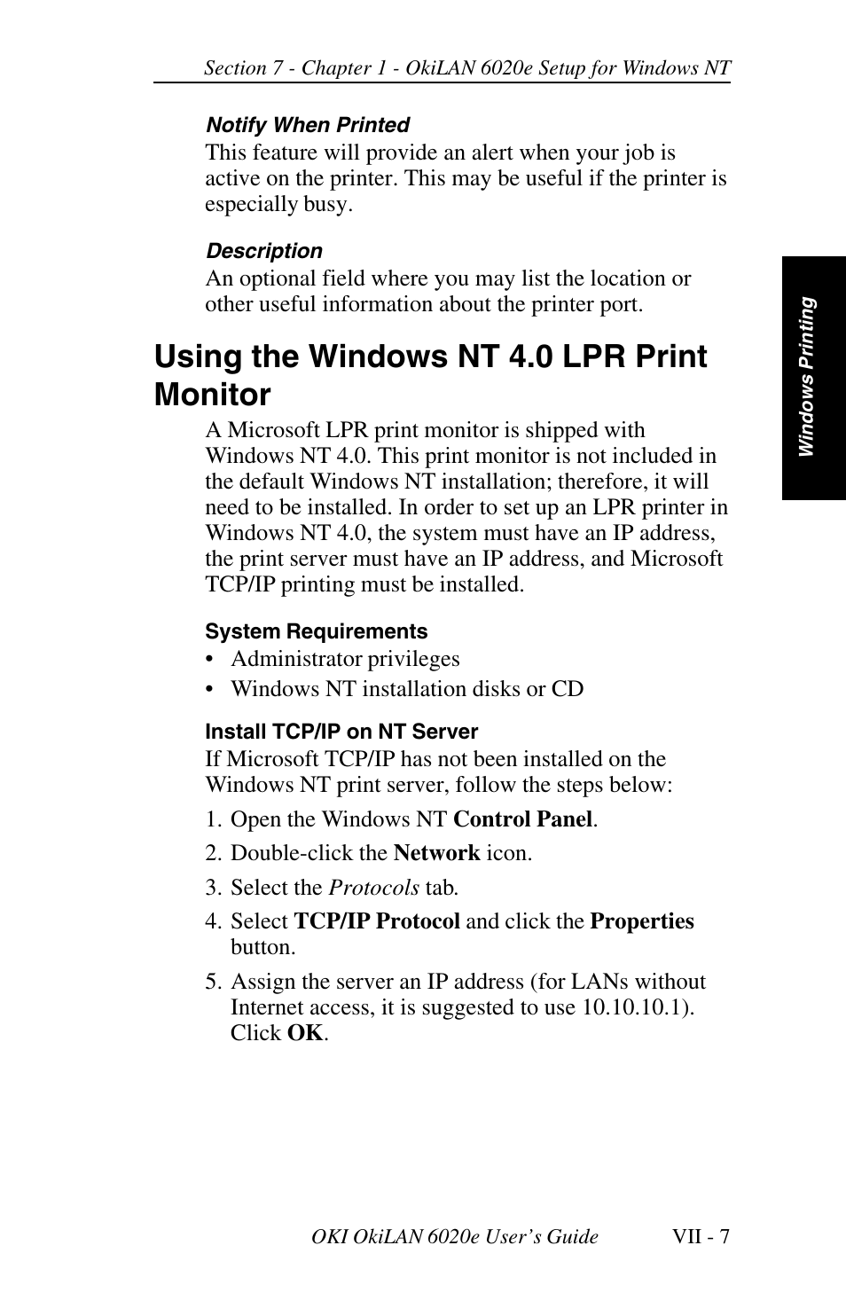 Using the windows nt 4.0 lpr print monitor | Oki lan 6020E User Manual | Page 205 / 226