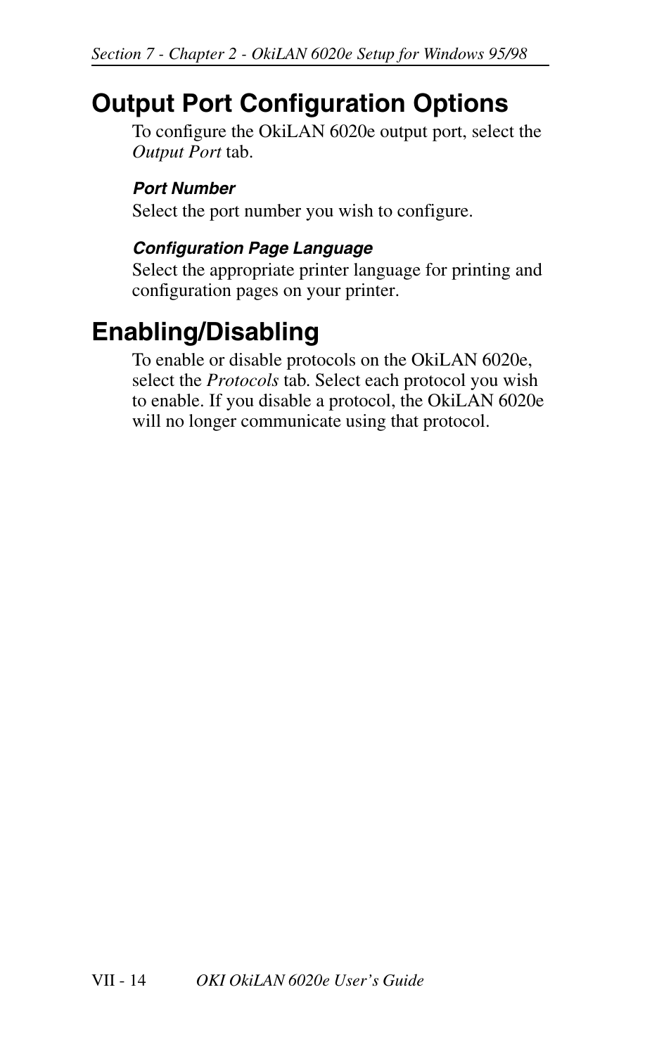 Output port configuration options, Enabling/disabling | Oki lan 6020E User Manual | Page 212 / 226