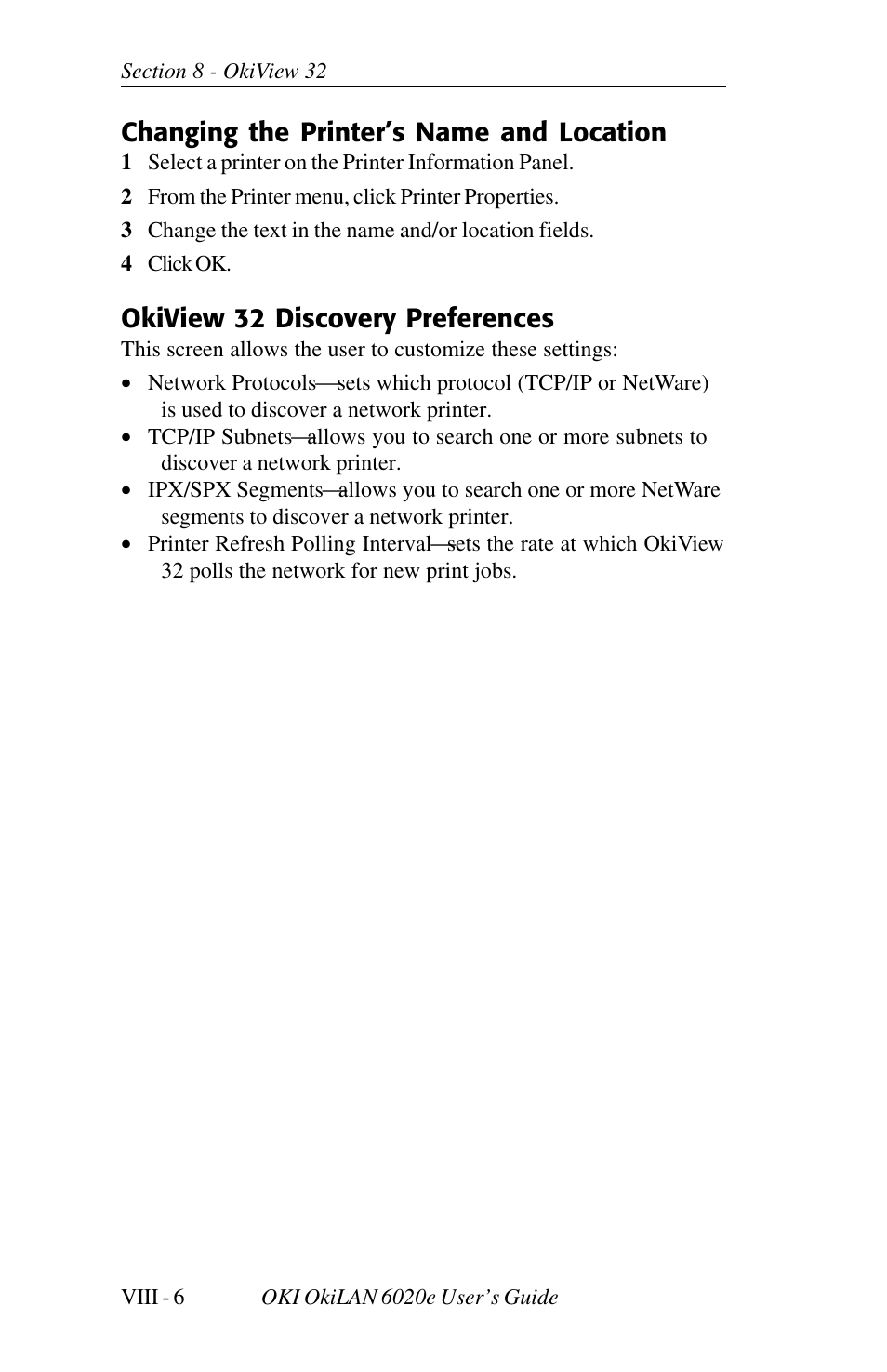 Changing the printer’s name and location, Okiview 32 discovery preferences | Oki lan 6020E User Manual | Page 218 / 226